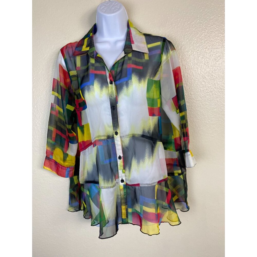 Ali Miles Colorful Sheer Abstract Print Button Up Blouse Size Large Lagenlook